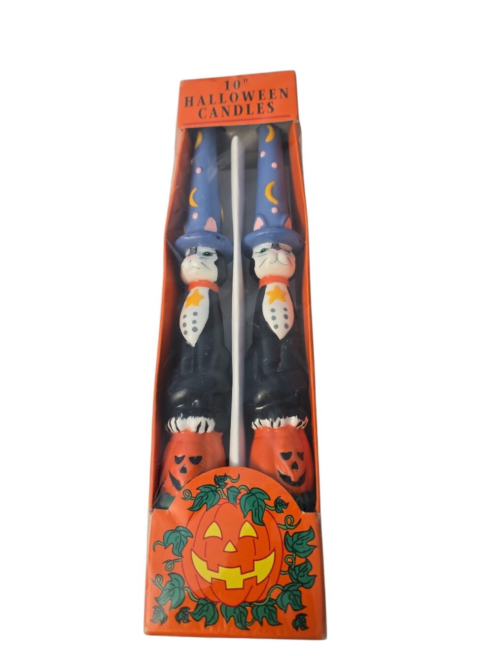 2 Black and White Tuxedo Cats with Wizard Hats 10" Taper Candles Halloween NIB